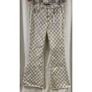 Tractr Womens Pants Size 10/30Flare Checkerboard Beige Neutral Boho High Waisted